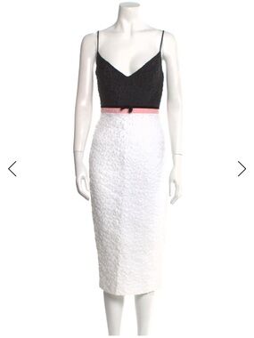 Alex Perry Black Lace Bodice White Textured Midi Dress with Pink Waistband